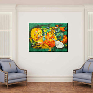 'Love Of Indigenous (Divine Love)' painting by Uttam Manna shown on a wall in a furnished room.