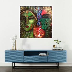 'Love Of Krishna' painting by Arjun Das shown on a wall in a furnished room.