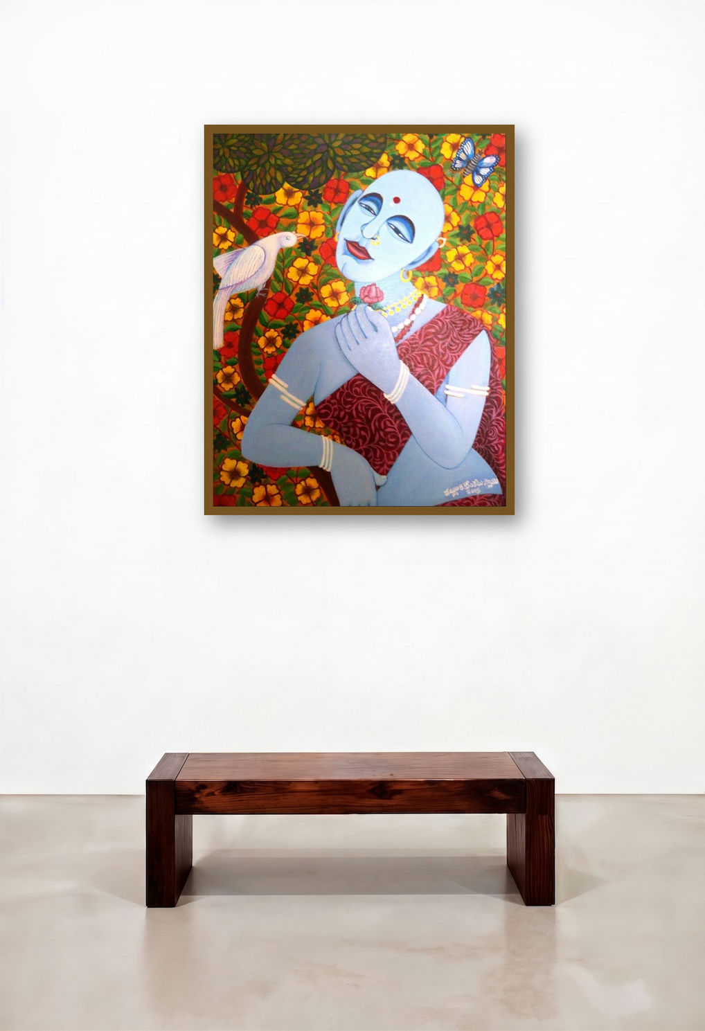 Love Message Through Parrot (Natures Embrace) by artist V V Swamy displayed in a Minimalist Hotel Suite