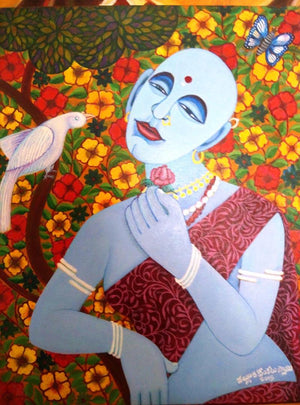 Love Message Through Parrot (Natures Embrace) by V V Swamy, Original Acrylic Figurative Painting on Canvas, Small Vertical Wall Art