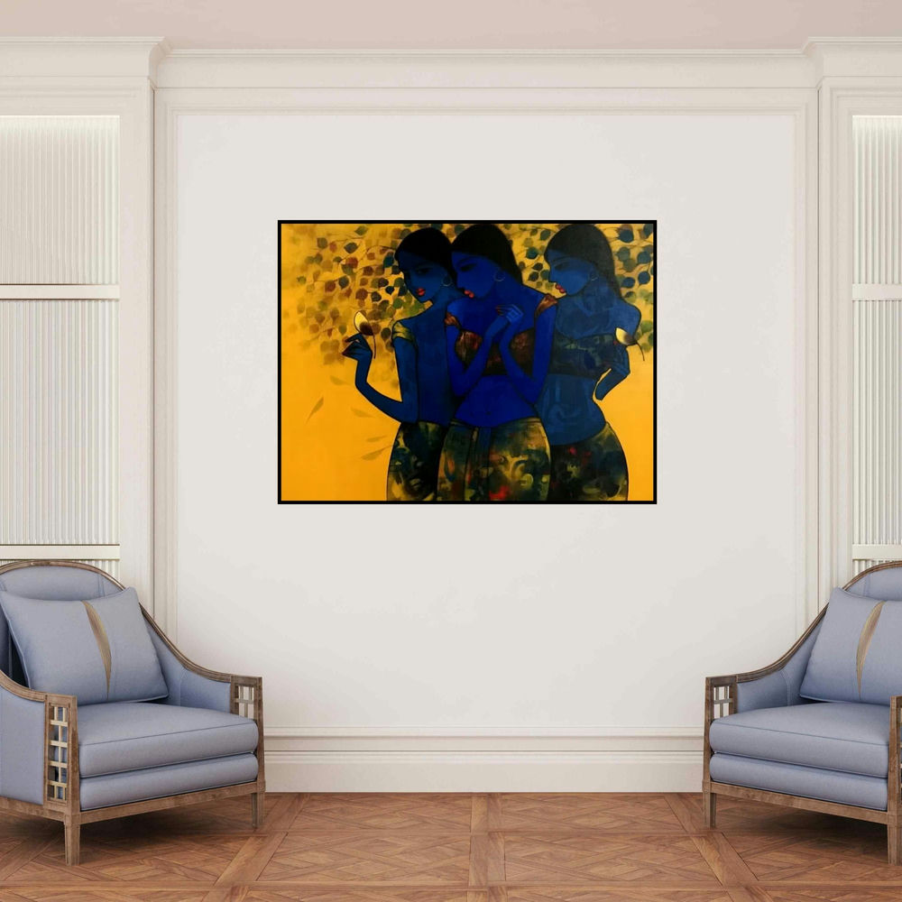 'Love With Nature 1 (Three Women in Blue)' painting by Mukesh Salvi shown on a wall in a furnished room.