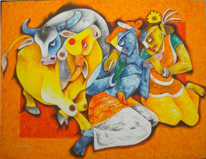 Figurative acrylic painting titled 'Love of indigenous 2', 36x48 inches, by artist Uttam Manna on Canvas