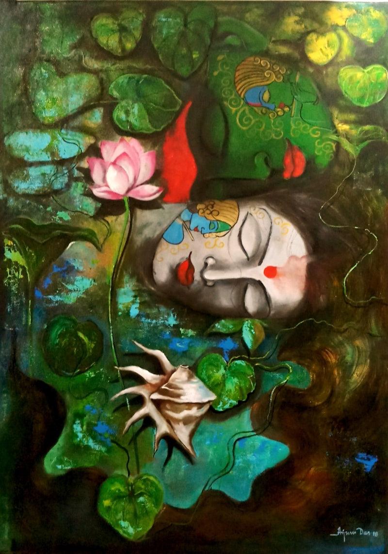 Religious acrylic painting titled 'Love Of Krishna 2', 30x42 inches, by artist Arjun Das on Canvas