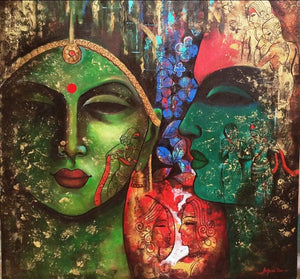 contemporary acrylic painting titled 'Love Of Krishna', 36x36 inches, by artist Arjun Das on canvas