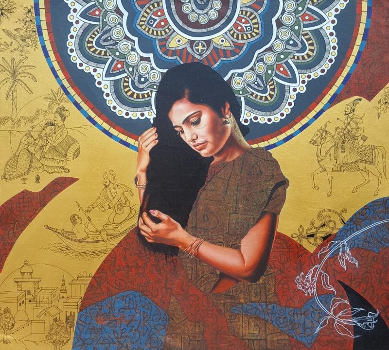 Figurative mixed media painting titled 'Love Roots And Philosophy', 36x39 inches, by artist Rajnikanta Singh on Canvas