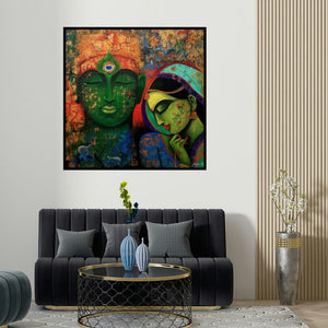 Arjun Das's 'Love Saga (Radha Krishna)' painting visualized above a sofa in a contemporary room.
