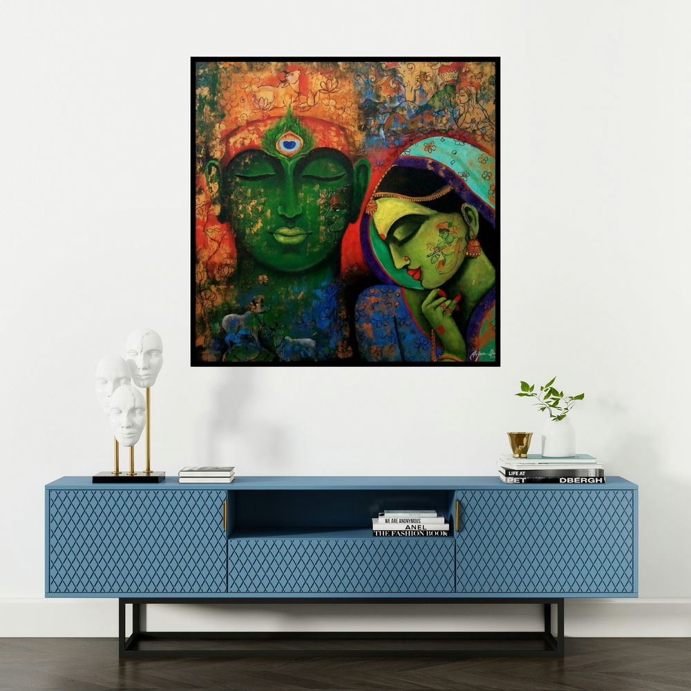 'Love Saga (Radha Krishna)' painting by Arjun Das shown on a wall in a furnished room.