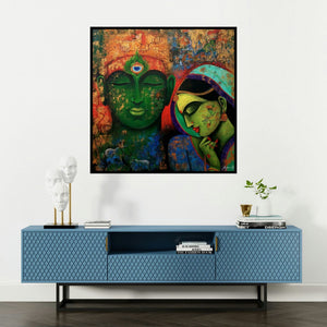'Love Saga (Radha Krishna)' painting by Arjun Das shown on a wall in a furnished room.