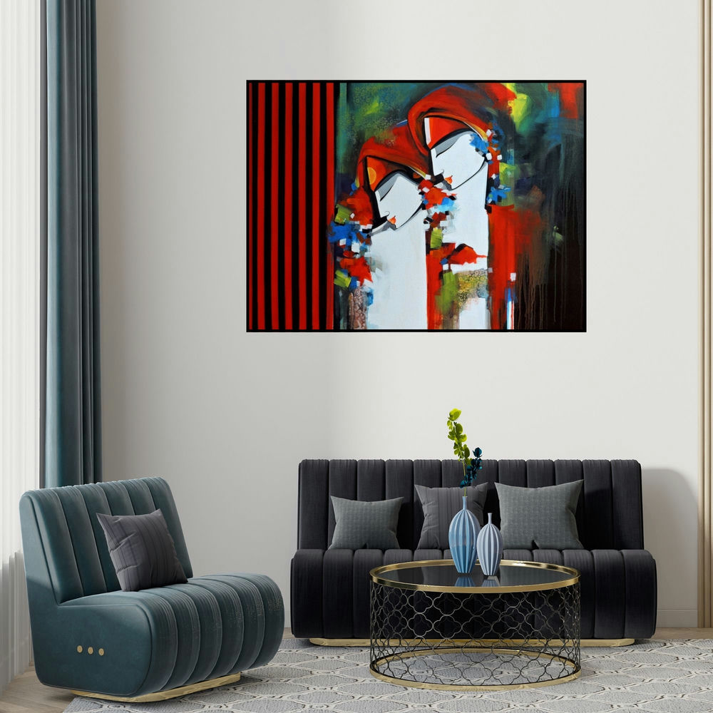 'Love Song (Shared Moments)' painting by Pradeesh K Raman shown on a wall in a furnished room.