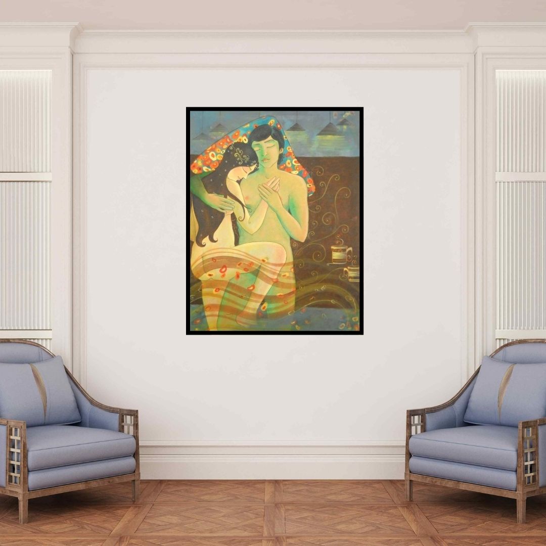 In-situ view of Pallavi Deodhar's 'Love Story 1' painting in a room