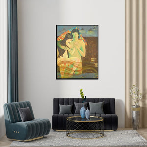 Preview of 'Love Story 1' Painting by Pallavi Deodhar shown on a wall in a furnished room.