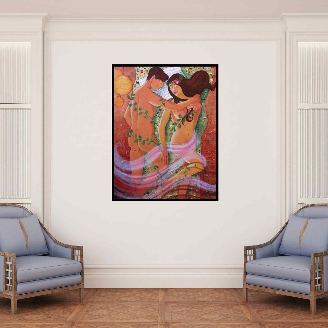 In-situ view of Pallavi Deodhar's 'Love Story 2' painting in a room