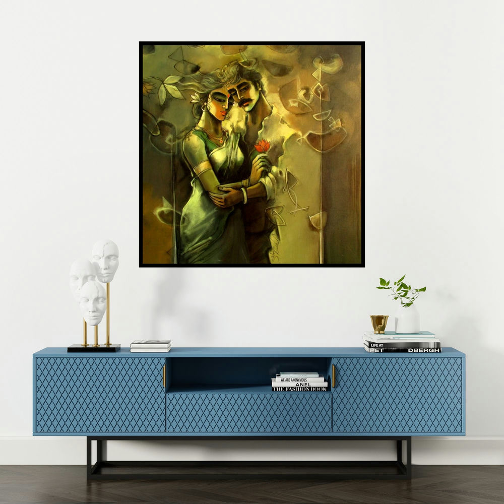 'Lovely Couple (Eternal Embrace)' painting by Shravan Kumar shown on a wall in a furnished room.