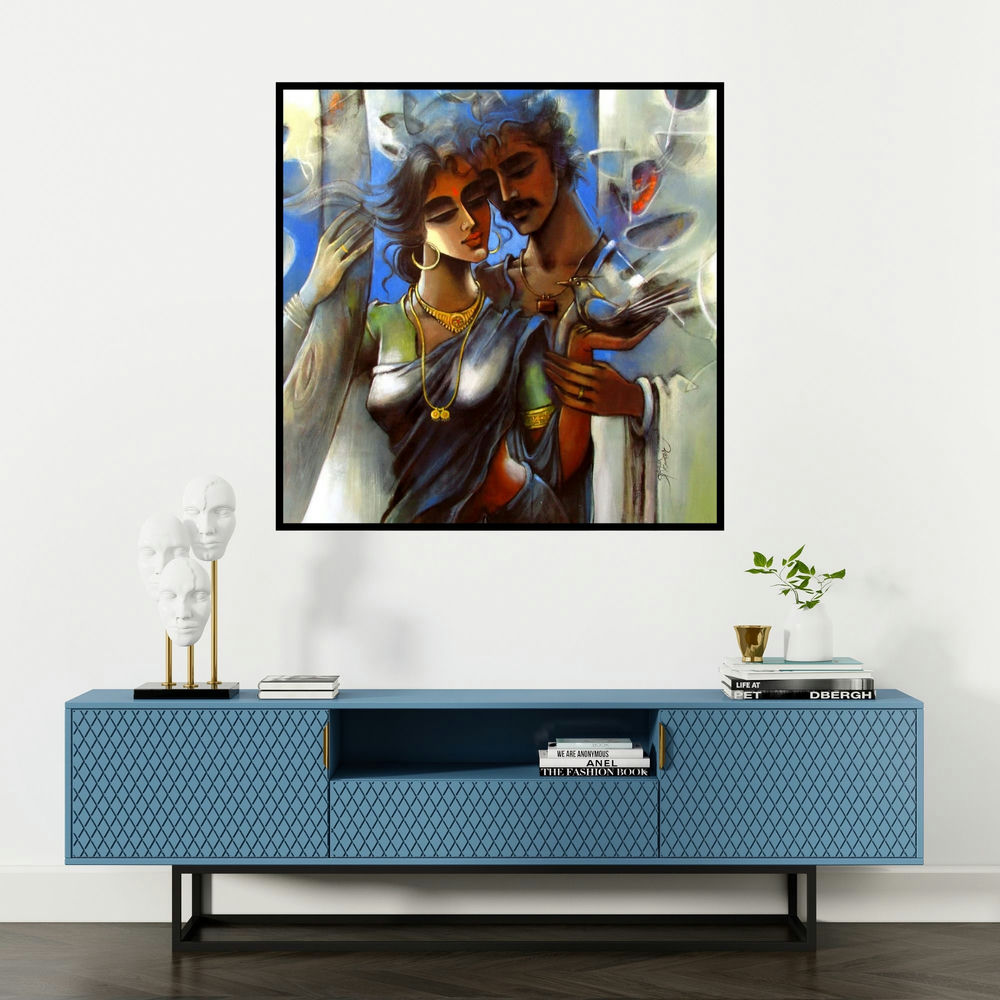 'Lovely Couple 2 (Serene Companions)' painting by Shravan Kumar shown on a wall in a furnished room.