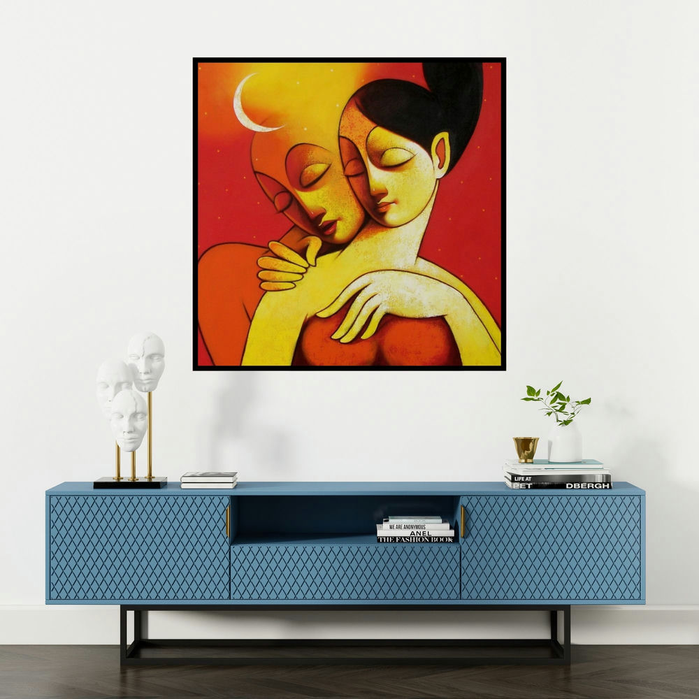 'Lover' painting by Navnath Chobhe shown on a wall in a furnished room.