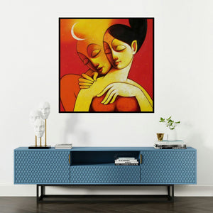 'Lover' painting by Navnath Chobhe shown on a wall in a furnished room.