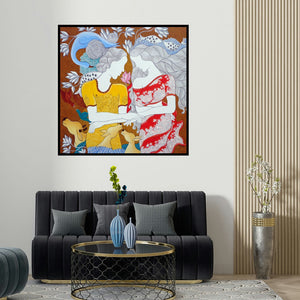 Hariom Kuthwaria's 'The Lovers (Eternal Embrace)' painting visualized above a sofa in a contemporary room.
