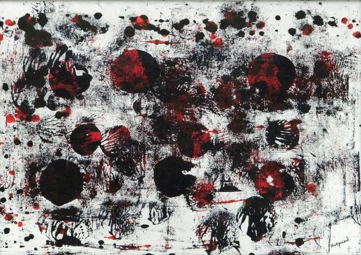 Lovers And Stones' abstract mixed-media painting by artist Shahfahad Raja, 29x42 inch, on french paper