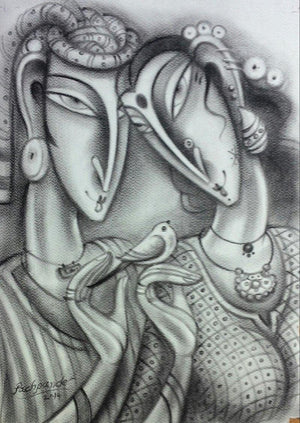 Loving Couple (Shared Gaze) by Ramesh Pachpande, Original Charcoal Figurative Painting on Paper, Small Vertical Wall Art