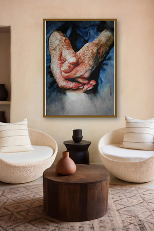Loving Hands (A Lifetime of Stories) by artist Dr Uday Bhan displayed in a Indian Art gallery