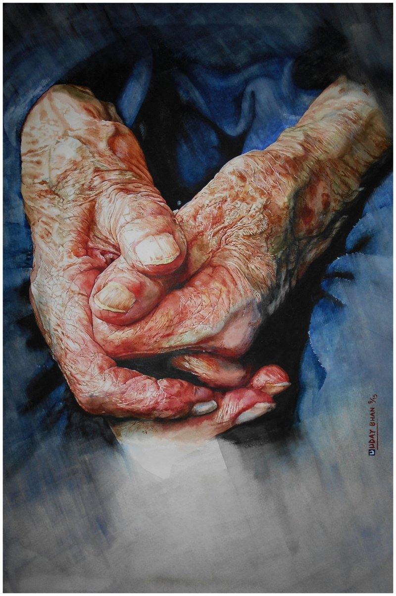 Figurative watercolor painting titled 'Loving Hands ', 20x16 inches, by artist Dr.uday Bhan on paper