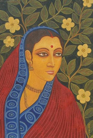 Lramani Ii by Suparna Dey, Original Tempera Figurative Painting on Paper, Small Vertical Wall Art