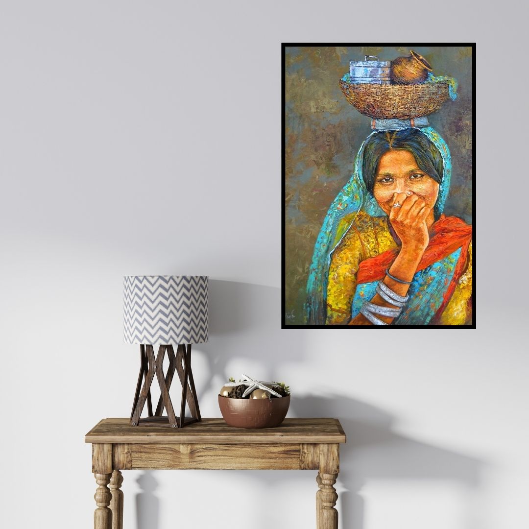 In-situ view of Milind Varangaonkar's 'Lunch Box' painting in a room