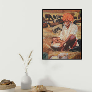 Swapnil Patil's 'Lunch' painting visualized above a sofa in a contemporary room.