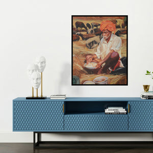 'Lunch' painting by Swapnil Patil shown on a wall in a furnished room.