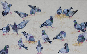 Lunch Time (Urban Flock) by Shatabdi Roy, Original Mixed Media Animal Painting on Cloth, Small Horizontal Wall Art