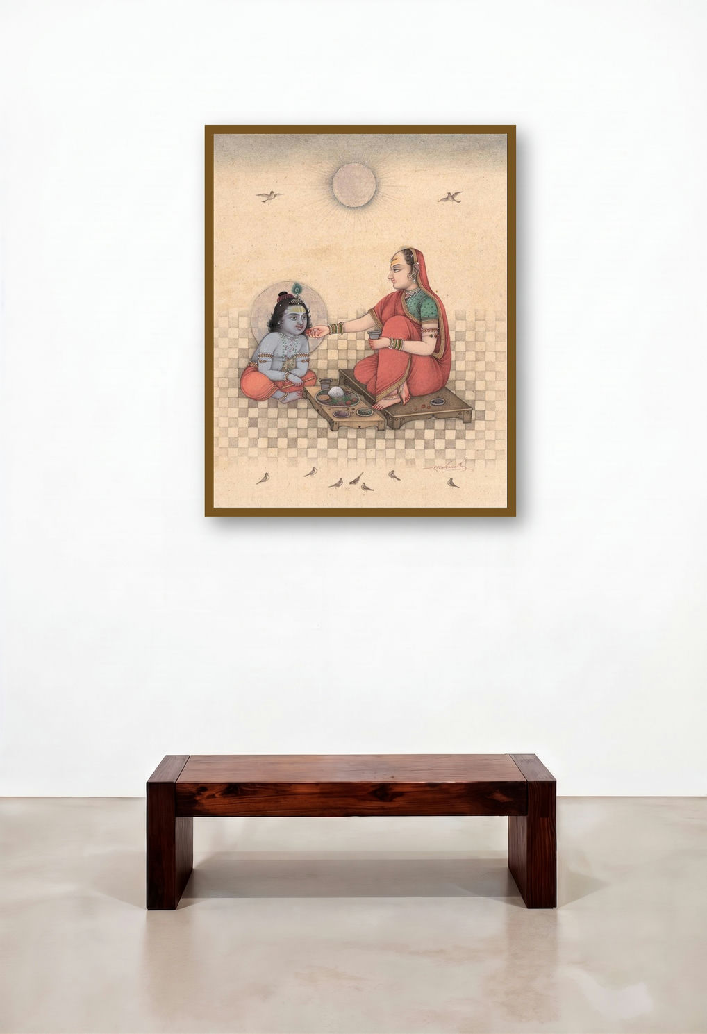 Maa Yashoda And Krishna 1 (Maternal Love and Divine Nourishment) by artist Mahaveer Swami displayed in a Designer Dining Room