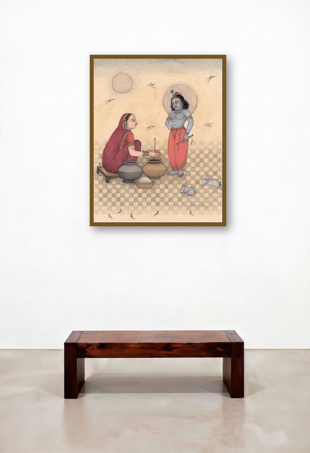 Maa Yashoda And Krishna 2 (Butter Thief) by artist Mahaveer Swami displayed in a Japandi Hotel Suite