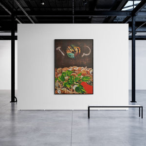 Bhavesh Patel's painting 'Maatri (The Balance)' displayed in a modern living room setting