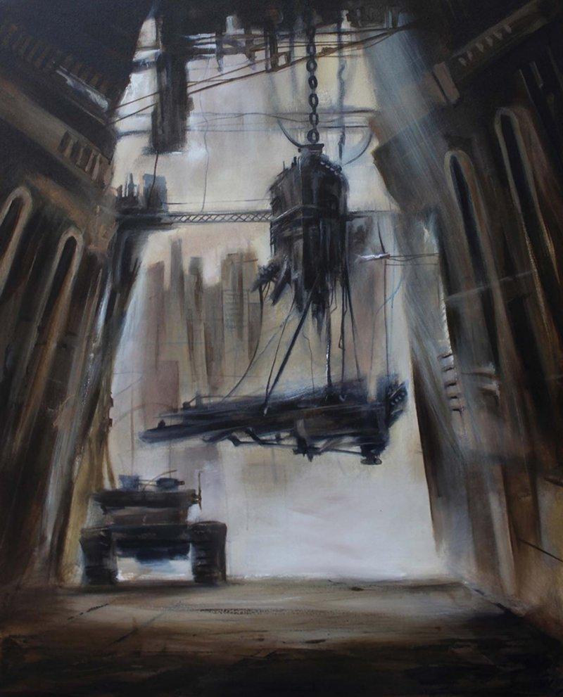 Cityscape acrylic painting titled 'Machine', 48x36 inches, by artist NIkHIl Patil on Canvas Board