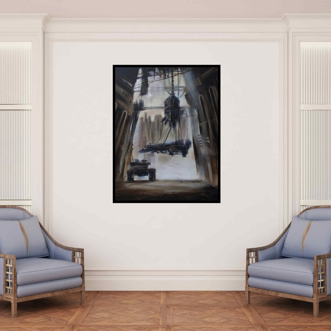 In-situ view of Nikhil Patil's 'Machine (Iron Giants)' painting in a room