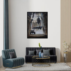 Preview of 'Machine (Iron Giants)' Painting by Nikhil Patil shown on a wall in a furnished room.