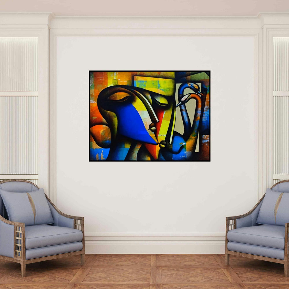'Made For Each Other' painting by Jagannath Paul shown on a wall in a furnished room.