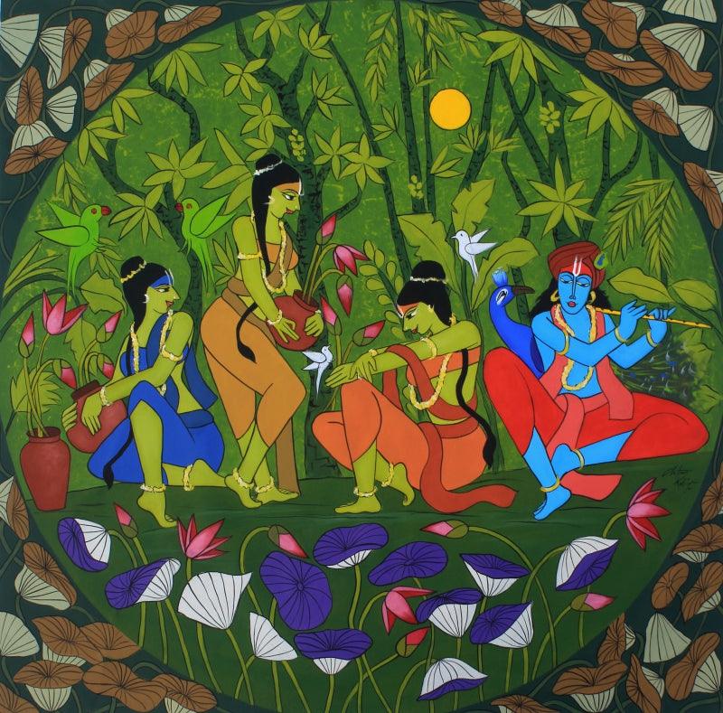 Religious acrylic painting titled 'Madhava', 57x57 inches, by artist Chetan Katigar on Canvas