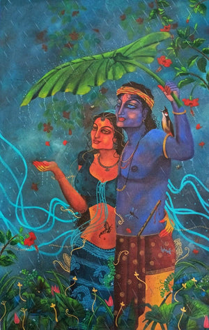 Madhuban (Love in the Monsoon Rain) by Lisha N T, Original Acrylic Religious Painting on Canvas, Medium Vertical Wall Art