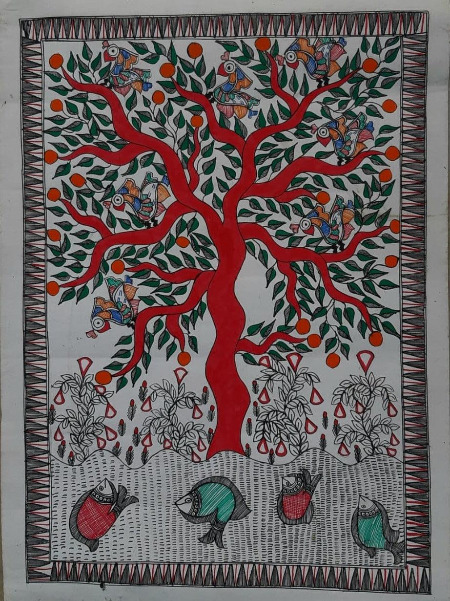 Animals madhubani traditional art titled 'Madhubani 1', 30x22 inches, by artist Mithilesh Jha on Paper