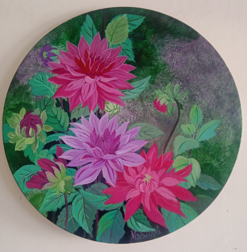'Magenta Dahlias' nature acrylic painting by artist Vishwajyoti Mohrhoff, 20x20 inch, on canvas