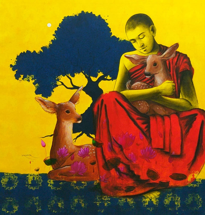 Magic Of Kindness' religious mixed-media painting by artist Yashpal Kamble, 39x39 inch, on canvas