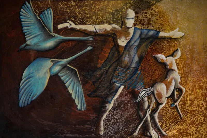 contemporary mixed-media painting titled 'Magic Man', 48x72 inch, by artist Ruchi Singhal on Canvas