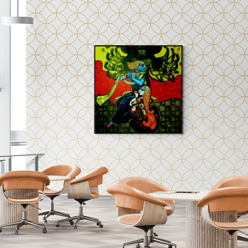 In-situ view of Kishore Roy's 'Magic Melody 1 (Radha Krishna Divine Harmony)' painting in a room