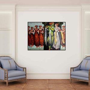 'Magic Melody 2 (Radha Krishna Eternal Dance of Love)' painting by Kishore Roy shown on a wall in a furnished room.