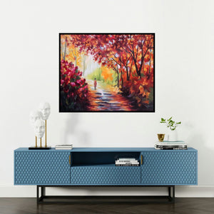 Abid Khan's 'A Magical Fall' painting visualized above a sofa in a contemporary room.