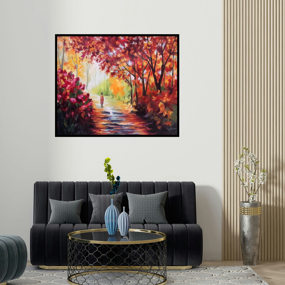 'A Magical Fall' painting by Abid Khan shown on a wall in a furnished room.
