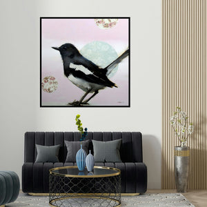 Mukta Avachat's 'Magpie' painting visualized above a sofa in a contemporary room.