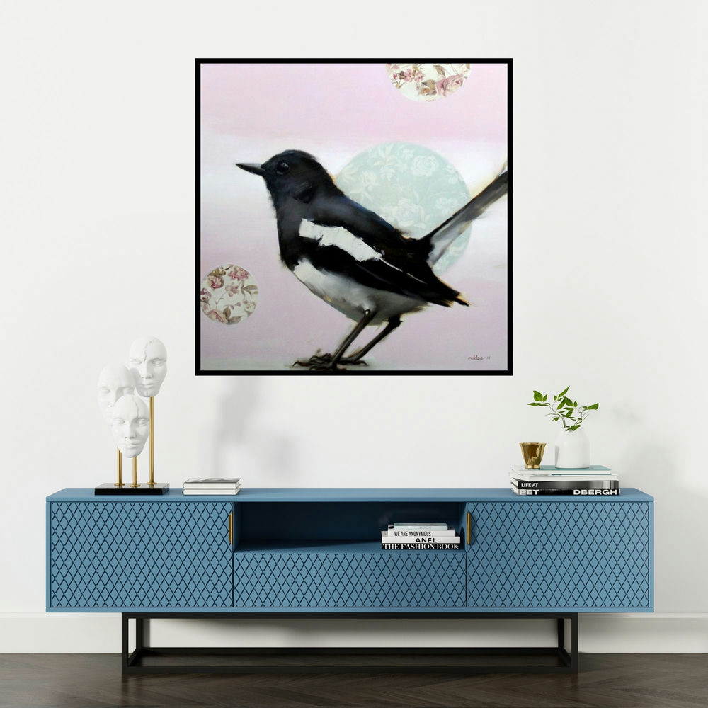 'Magpie' painting by Mukta Avachat shown on a wall in a furnished room.