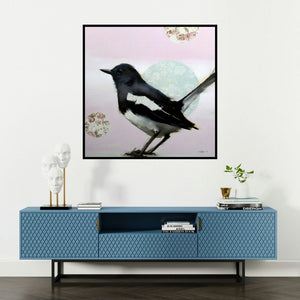 'Magpie' painting by Mukta Avachat shown on a wall in a furnished room.